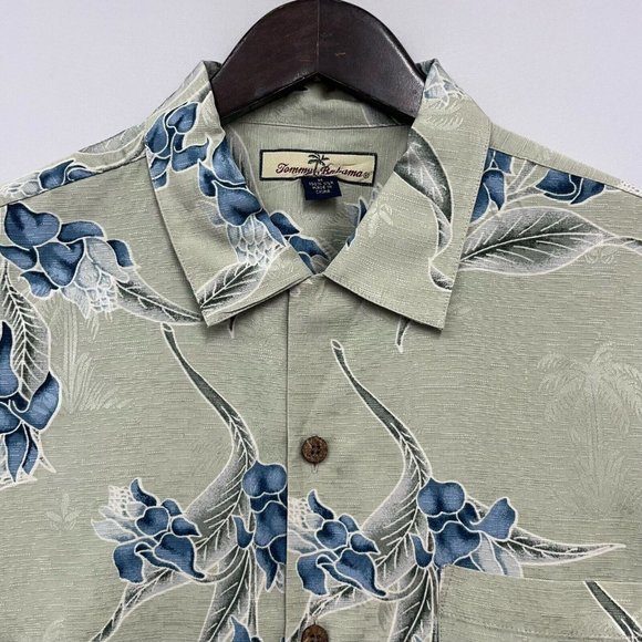 Tommy Bahama Men's Button Front Hawaiian Shirt Sage Green Floral Silk Size M guc - Picture 2 of 7